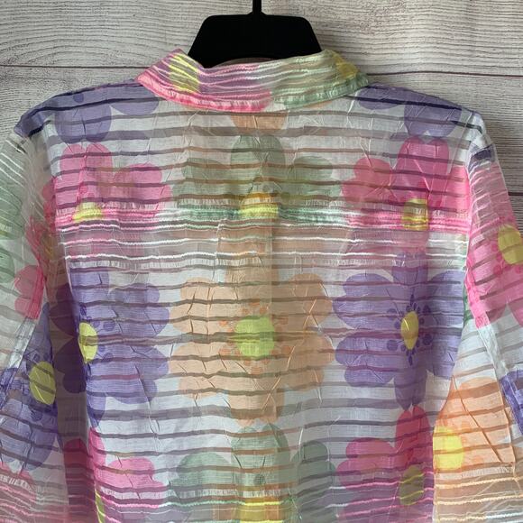 Erin London Pastel Floral Sheer Textured Button Down Jacket Spring Shirt Size L - Picture 7 of 16